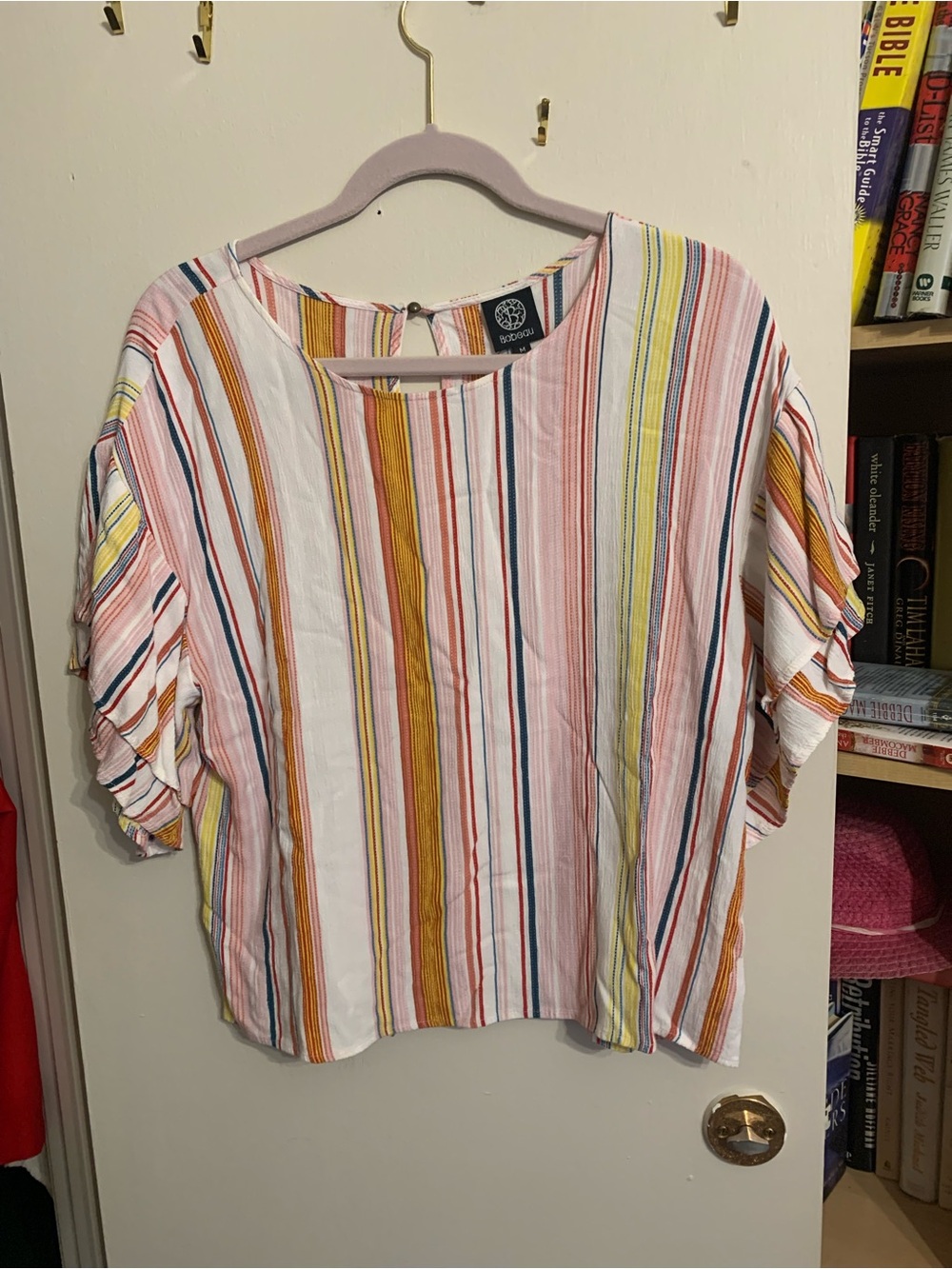bobeau Multi-Stripe Short Sleeve Scoop Neck Blouse - Picture 1 of 4